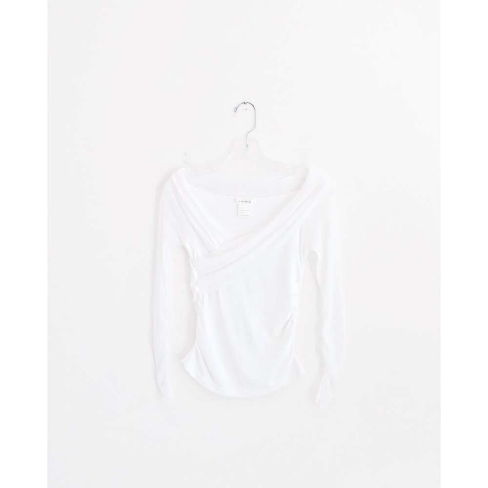 D. Exterior White Off Shoulder Faux Wrap Top sz S